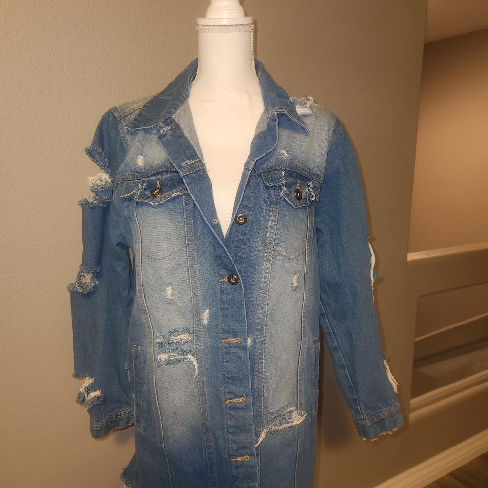 Blue Denim Jean Jacket with Distressed Details - Picture 2 of 4